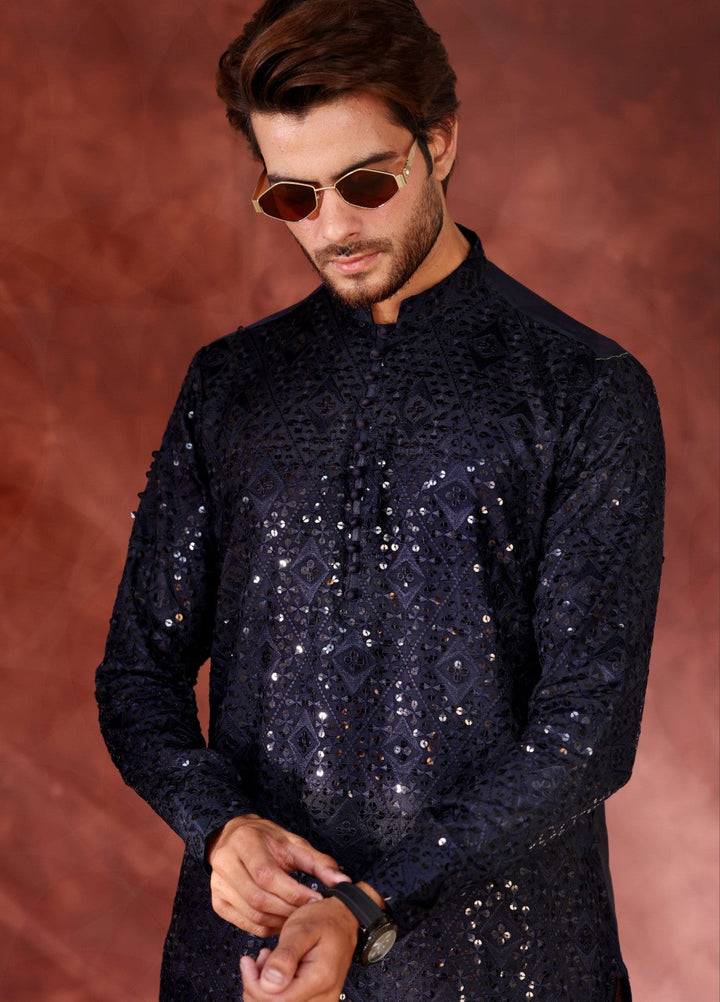 Rangari by Edge Republic Men RTW Embroidered Blended Cotton 2 Pcs Dark Blue CK 773 - Festive Collection
