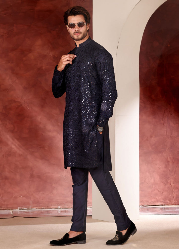 Rangari by Edge Republic Men RTW Embroidered Blended Cotton 2 Pcs Dark Blue CK 773 - Festive Collection