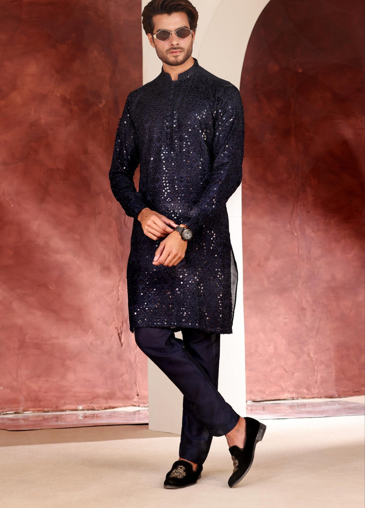 Rangari by Edge Republic Men RTW Embroidered Blended Cotton 2 Pcs Dark Blue CK 773 - Festive Collection