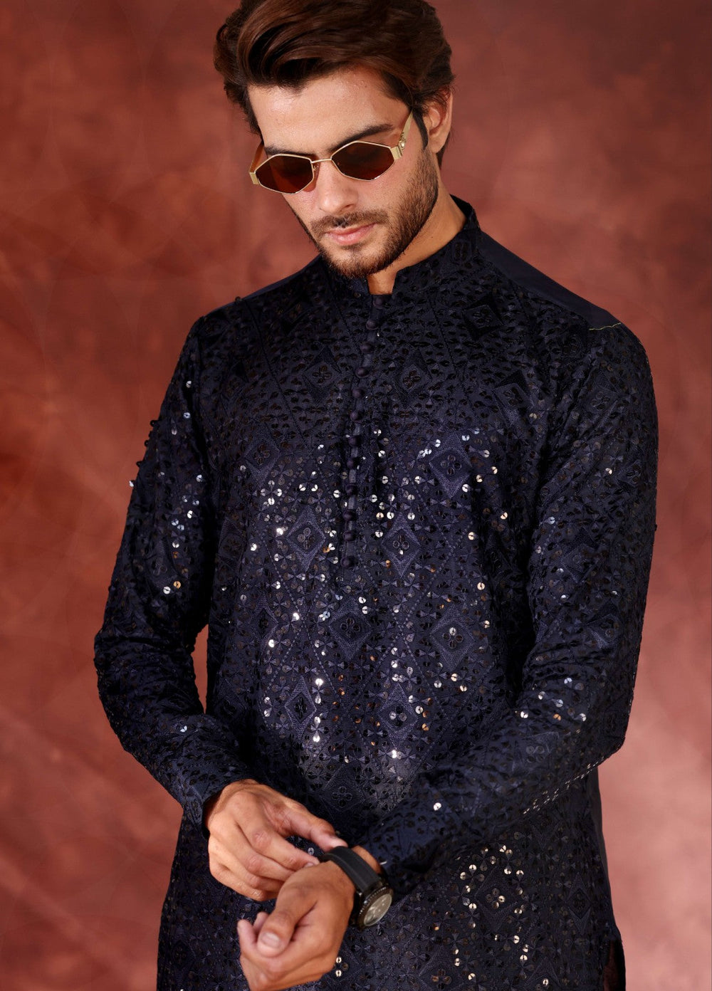 Rangari by Edge Republic Men RTW Embroidered Blended Cotton 2 Pcs Dark Blue CK 773 - Festive Collection
