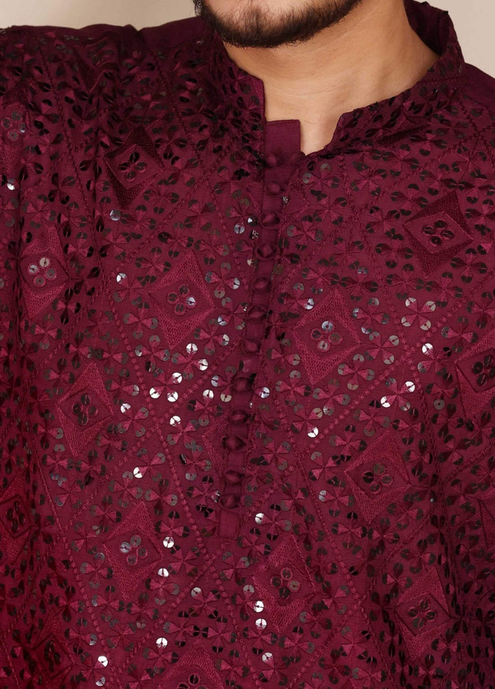 Rangari by Edge Republic Men RTW Embroidered Blended Cotton 2 Pcs Dark Maroon CK 772 - Festive Collection