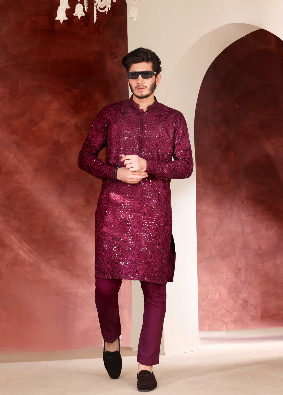 Rangari by Edge Republic Men RTW Embroidered Blended Cotton 2 Pcs Dark Maroon CK 772 - Festive Collection
