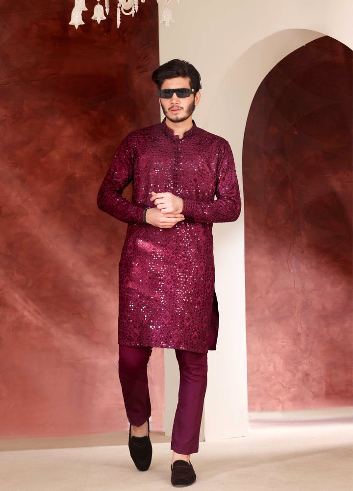 Rangari by Edge Republic Men RTW Embroidered Blended Cotton 2 Pcs Dark Maroon CK 772 - Festive Collection