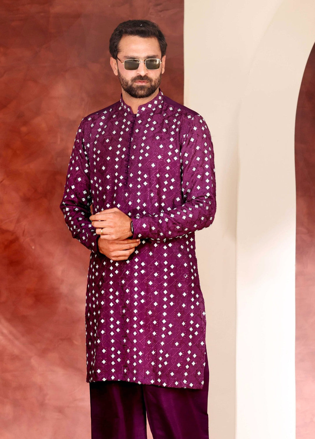Rangari by Edge Republic Men RTW Embroidered Blended Cotton 2 Pcs Dark Purple CK 776 - Festive Collection