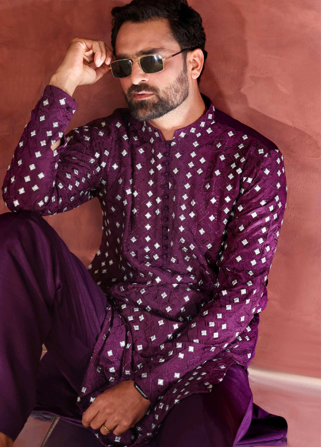 Rangari by Edge Republic Men RTW Embroidered Blended Cotton 2 Pcs Dark Purple CK 776 - Festive Collection