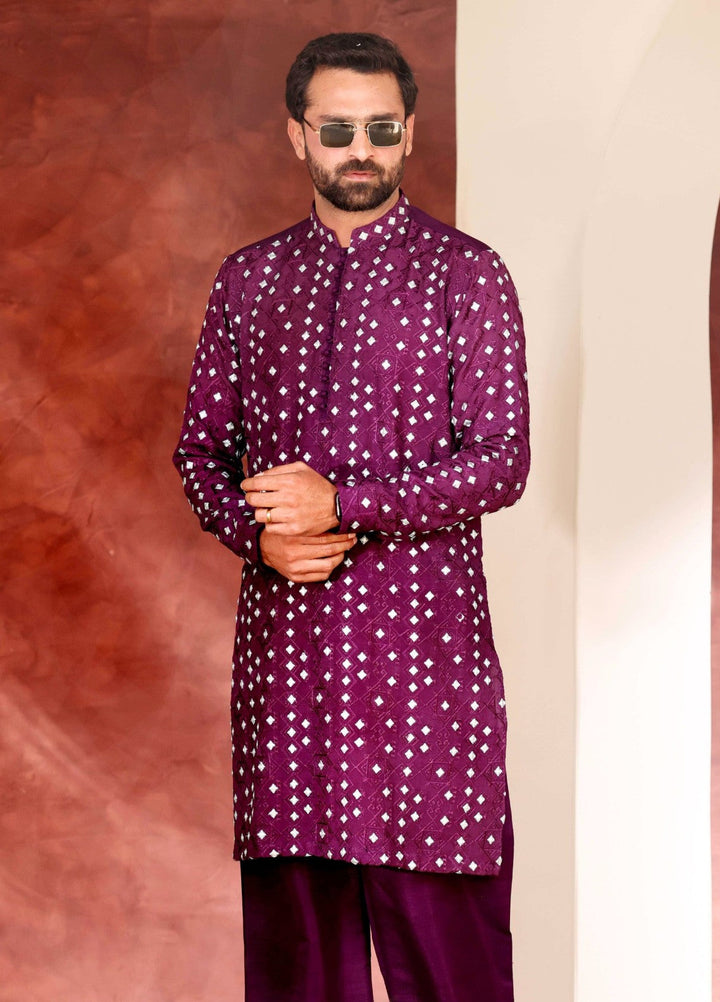 Rangari by Edge Republic Men RTW Embroidered Blended Cotton 2 Pcs Dark Purple CK 776 - Festive Collection