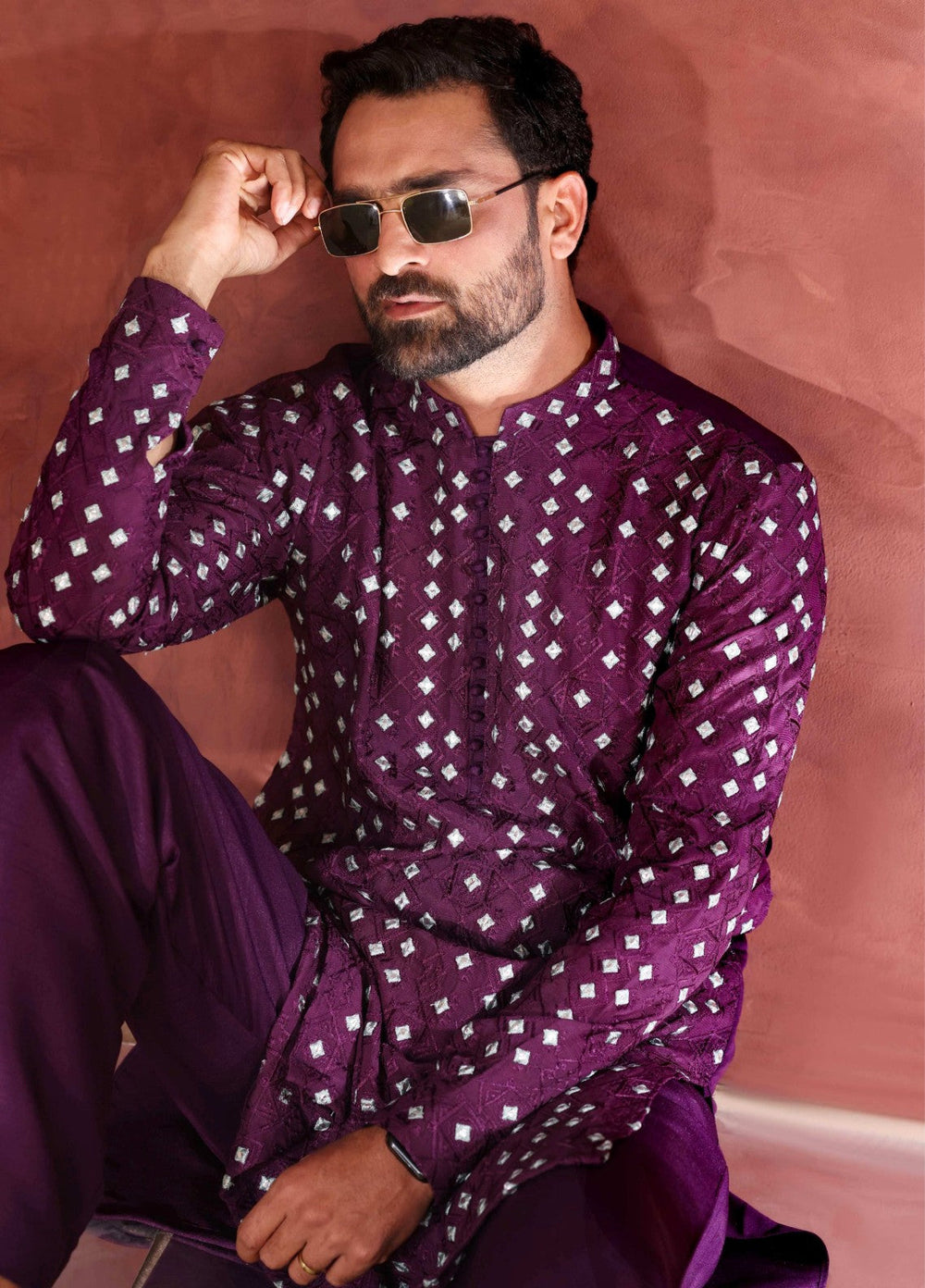 Rangari by Edge Republic Men RTW Embroidered Blended Cotton 2 Pcs Dark Purple CK 776 - Festive Collection