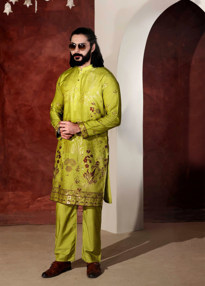 Rangari by Edge Republic Men RTW Embroidered Blended Cotton 2 Pcs Olive Green CK7 765 - Festive Collection