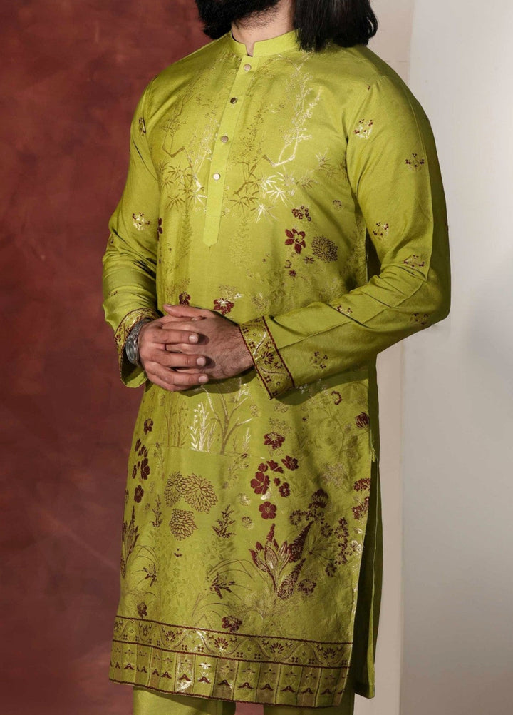 Rangari by Edge Republic Men RTW Embroidered Blended Cotton 2 Pcs Olive Green CK7 765 - Festive Collection