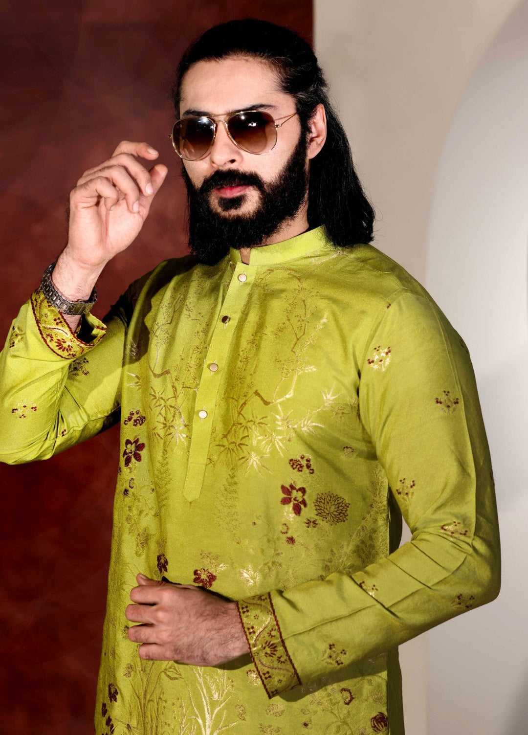 Rangari by Edge Republic Men RTW Embroidered Blended Cotton 2 Pcs Olive Green CK7 765 - Festive Collection