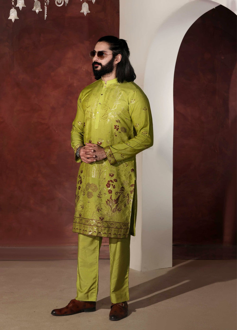 Rangari by Edge Republic Men RTW Embroidered Blended Cotton 2 Pcs Olive Green CK7 765 - Festive Collection