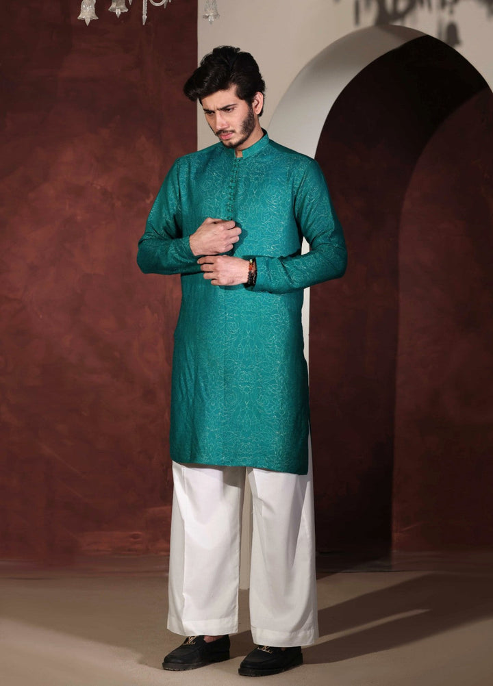 Rangari by Edge Republic Men RTW Embroidered Blended Cotton 2 Pcs Teal Green self CK 768 - Festive Collection