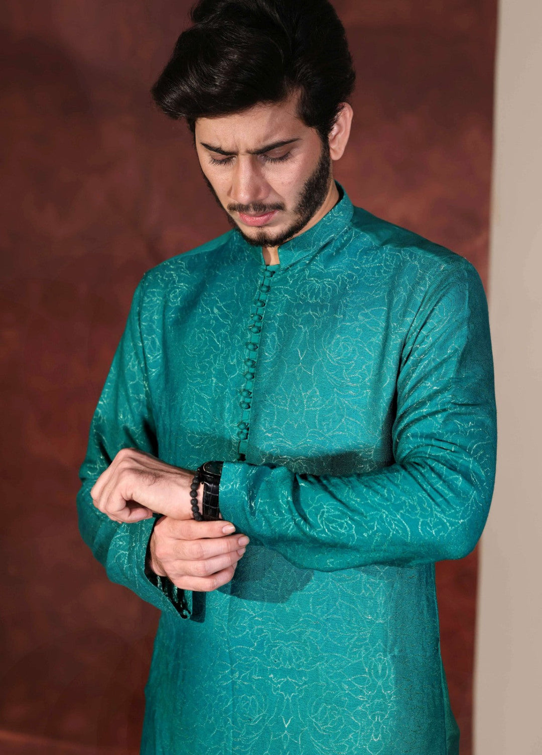 Rangari by Edge Republic Men RTW Embroidered Blended Cotton 2 Pcs Teal Green self CK 768 - Festive Collection
