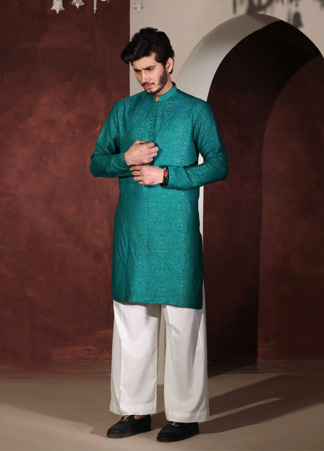 Rangari by Edge Republic Men RTW Embroidered Blended Cotton 2 Pcs Teal Green self CK 768 - Festive Collection