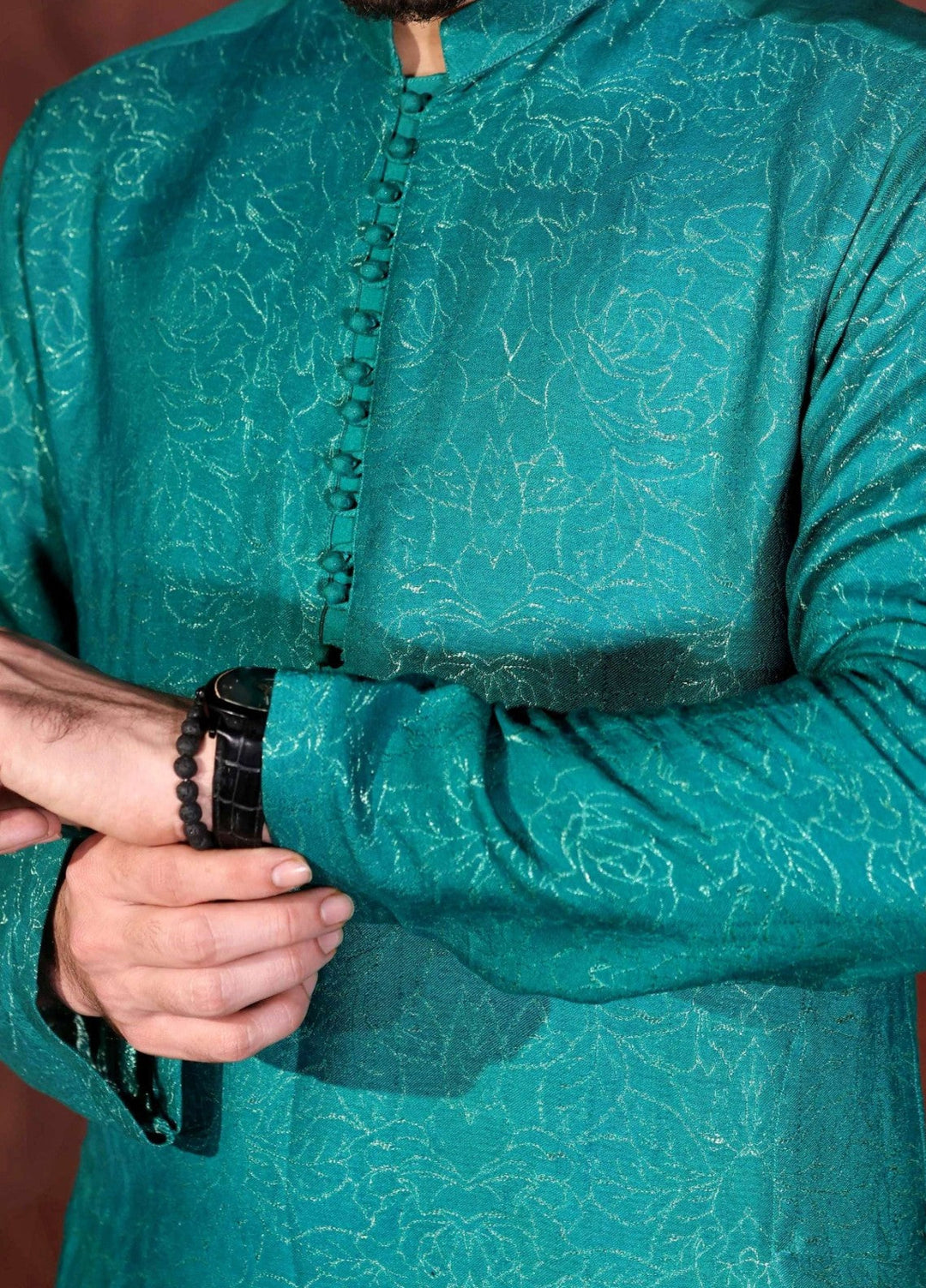 Rangari by Edge Republic Men RTW Embroidered Blended Cotton 2 Pcs Teal Green self CK 768 - Festive Collection