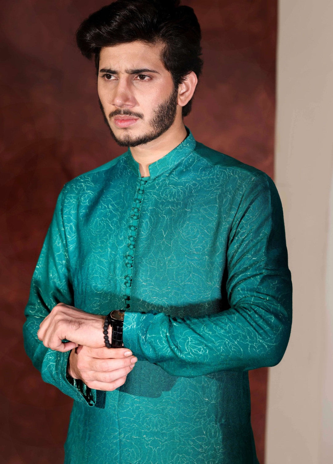 Rangari by Edge Republic Men RTW Embroidered Blended Cotton 2 Pcs Teal Green self CK 768 - Festive Collection