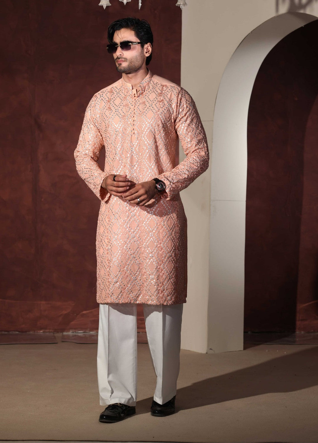 Rangari by Edge Republic Men RTW Embroidered Blended Cotton 2 Pcs Peach CK 770  - Festive Collection