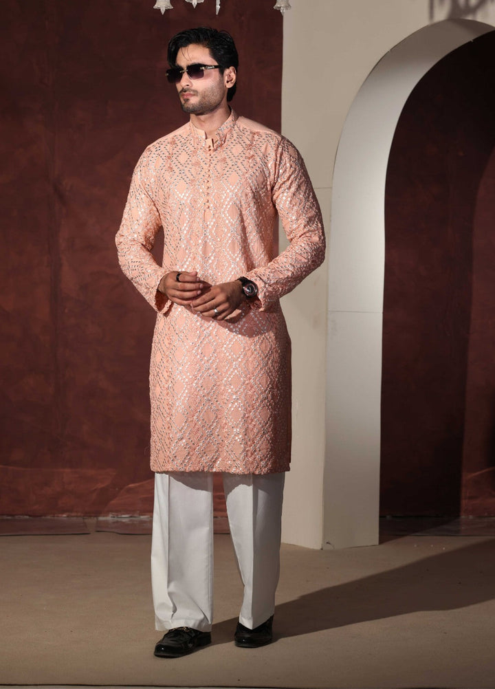 Rangari by Edge Republic Men RTW Embroidered Blended Cotton 2 Pcs Peach CK 770  - Festive Collection
