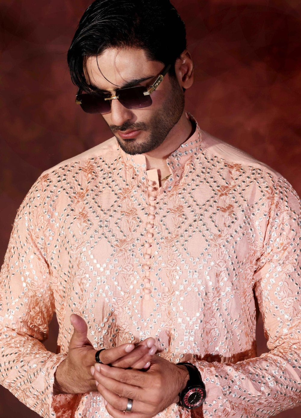 Rangari by Edge Republic Men RTW Embroidered Blended Cotton 2 Pcs Peach CK 770  - Festive Collection
