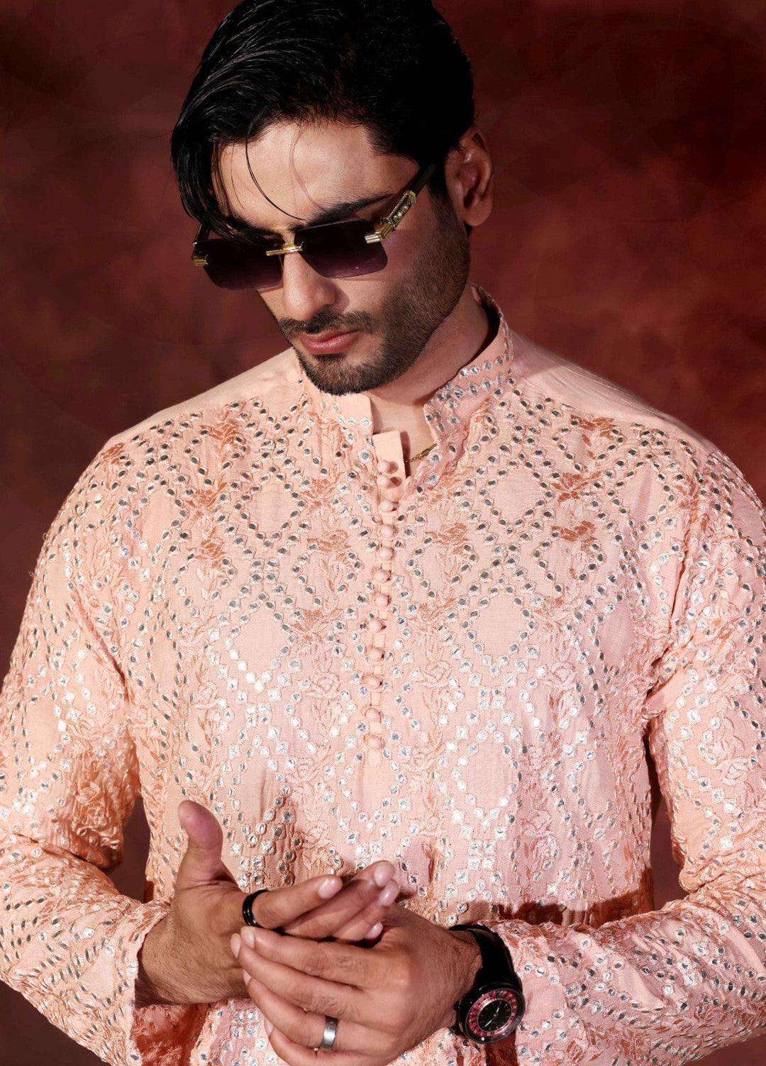 Rangari by Edge Republic Men RTW Embroidered Blended Cotton 2 Pcs Peach CK 770  - Festive Collection