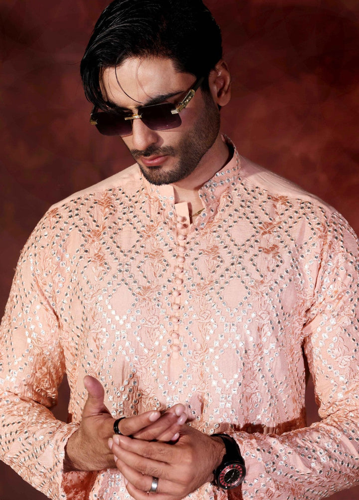 Rangari by Edge Republic Men RTW Embroidered Blended Cotton 2 Pcs Peach CK 770  - Festive Collection