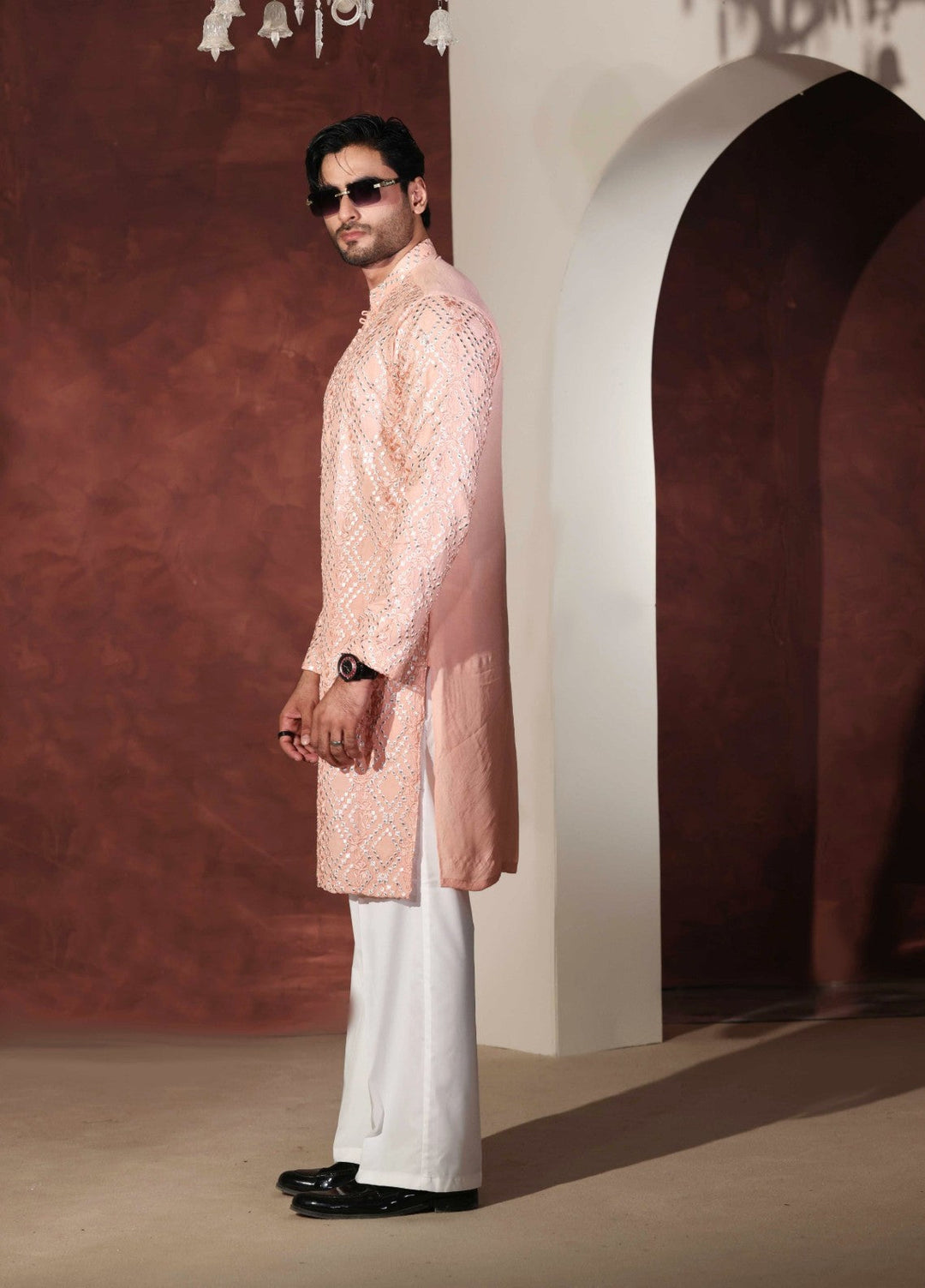 Rangari by Edge Republic Men RTW Embroidered Blended Cotton 2 Pcs Peach CK 770  - Festive Collection