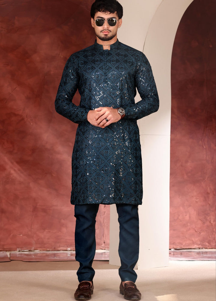 Rangari by Edge Republic Men RTW Embroidered Blended Cotton 2 Pcs Jet Blue CK 774 - Festive Collection