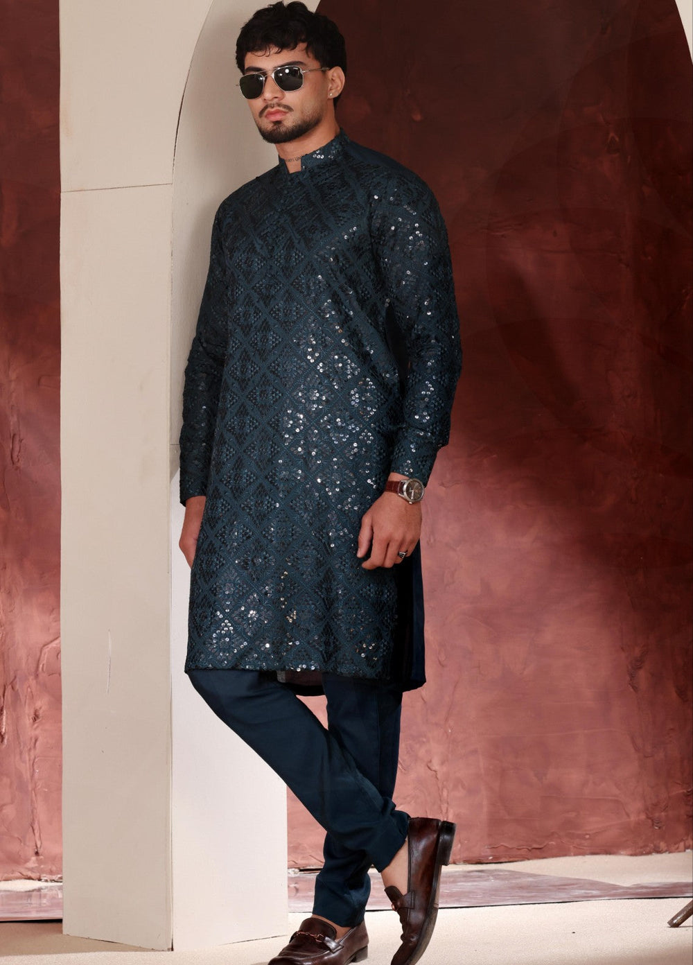 Rangari by Edge Republic Men RTW Embroidered Blended Cotton 2 Pcs Jet Blue CK 774 - Festive Collection