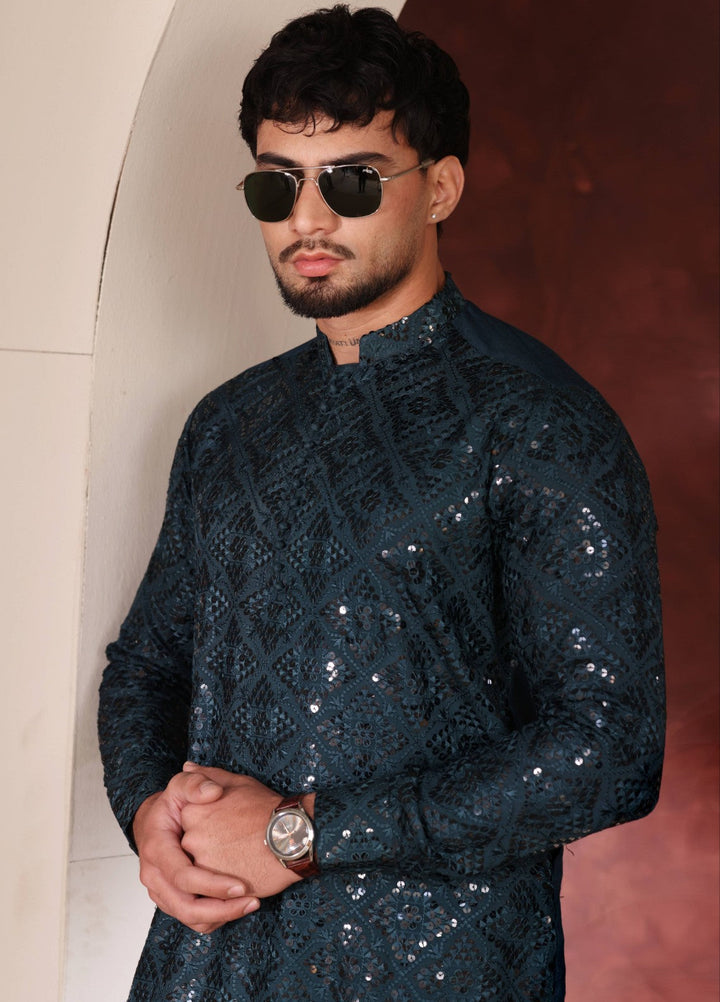 Rangari by Edge Republic Men RTW Embroidered Blended Cotton 2 Pcs Jet Blue CK 774 - Festive Collection