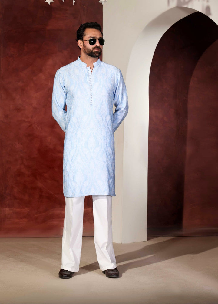 Rangari by Edge Republic Men RTW Embroidered Blended Cotton 2 Pcs Sky Blue CK 767 - Festive Collection