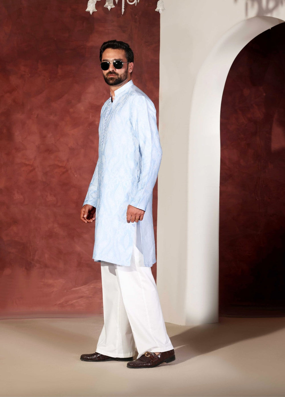 Rangari by Edge Republic Men RTW Embroidered Blended Cotton 2 Pcs Sky Blue CK 767 - Festive Collection