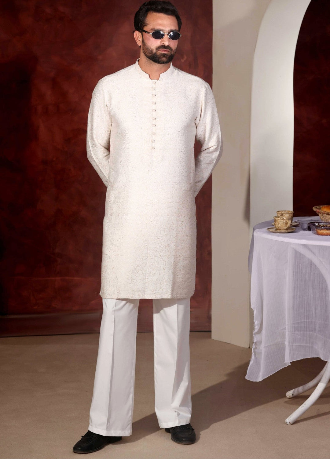 Rangari by Edge Republic Men RTW Embroidered Blended Cotton 2 Pcs Off White CK 762  - Festive Collection