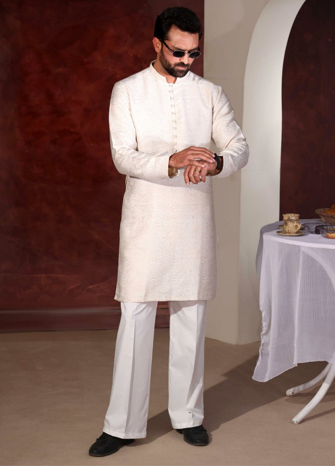 Rangari by Edge Republic Men RTW Embroidered Blended Cotton 2 Pcs Off White CK 762  - Festive Collection