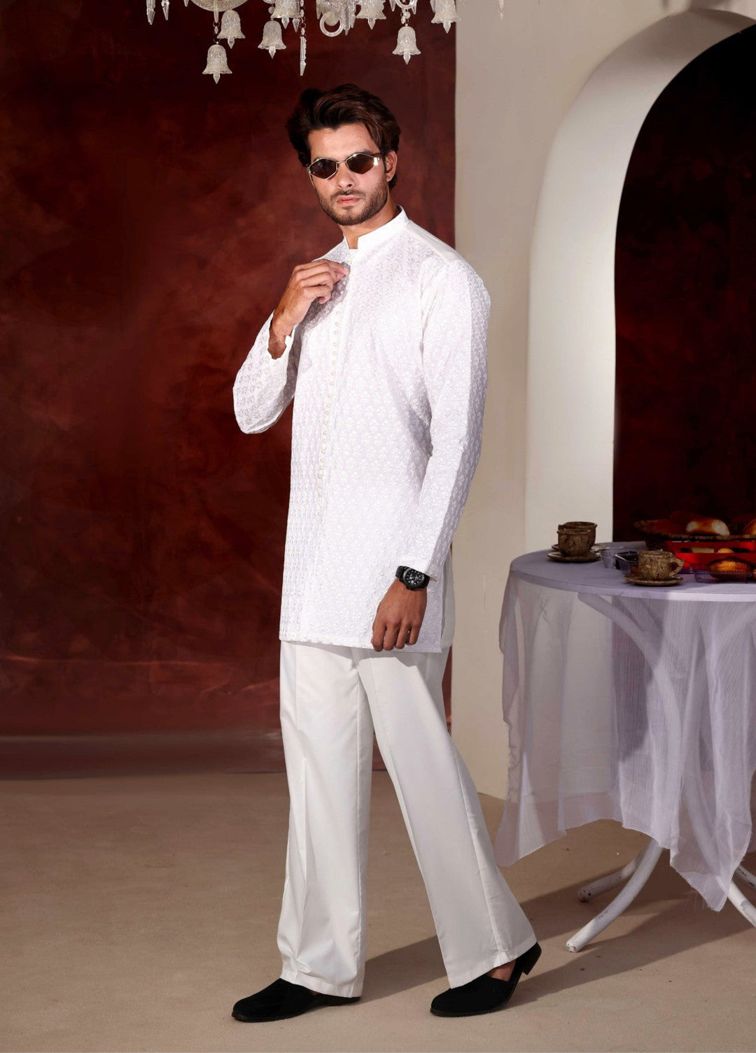 Rangari by Edge Republic Men RTW Embroidered Blended Cotton 2 Pcs White CK 759  - Festive Collection