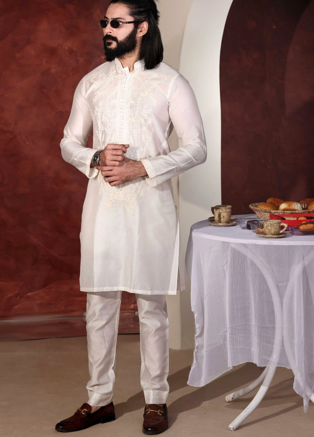 Rangari by Edge Republic Men RTW Embroidered Blended Cotton 2 Pcs Off White CK 761  - Festive Collection
