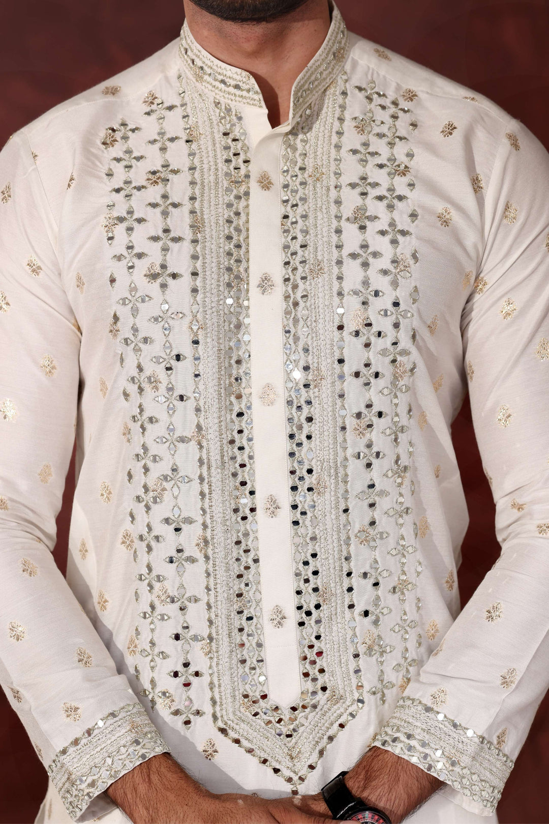 Rangari by Edge Republic Men RTW Embroidered Blended Cotton 2 Pcs White Mirror MR 90 - Festive Collection