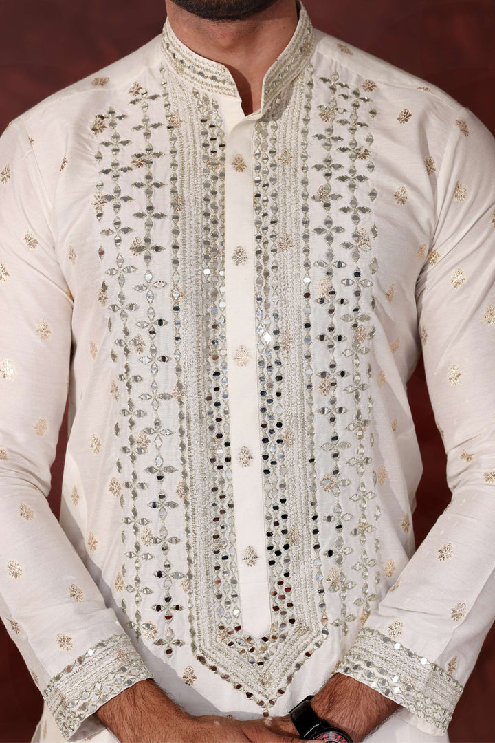 Rangari by Edge Republic Men RTW Embroidered Blended Cotton 2 Pcs White Mirror MR 90 - Festive Collection