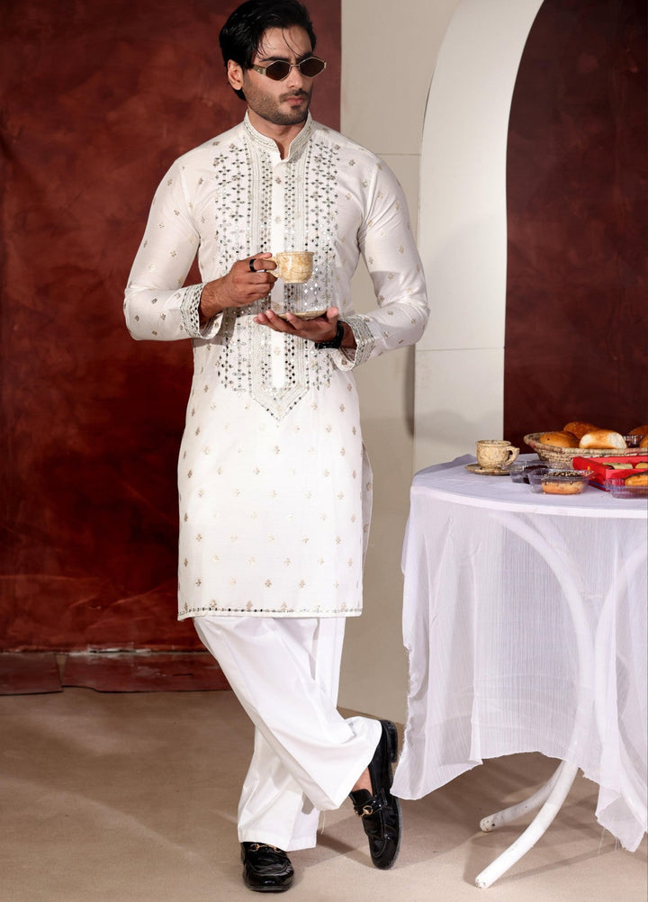 Rangari by Edge Republic Men RTW Embroidered Blended Cotton 2 Pcs White Mirror MR 90 - Festive Collection