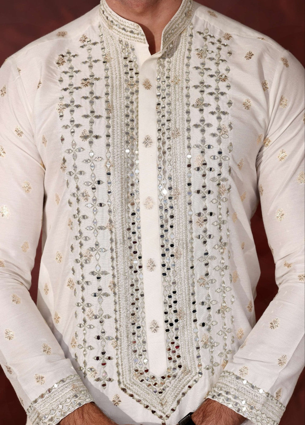 Rangari by Edge Republic Men RTW Embroidered Blended Cotton 2 Pcs White Mirror MR 90 - Festive Collection