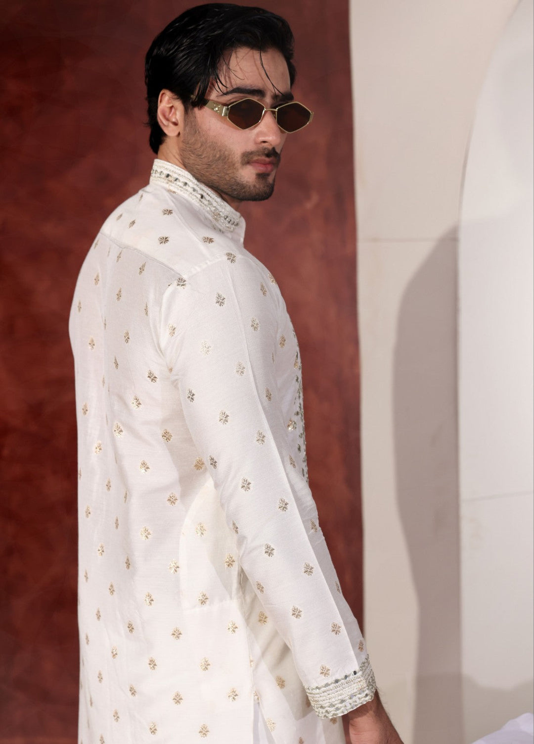 Rangari by Edge Republic Men RTW Embroidered Blended Cotton 2 Pcs White Mirror MR 90 - Festive Collection