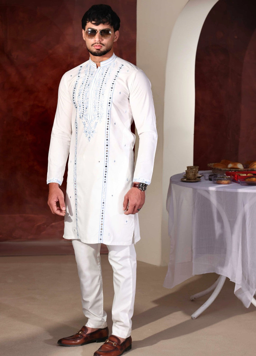 Rangari by Edge Republic Men RTW Embroidered Blended Cotton 2 Pcs White Mirror MR 91 - Festive Collection