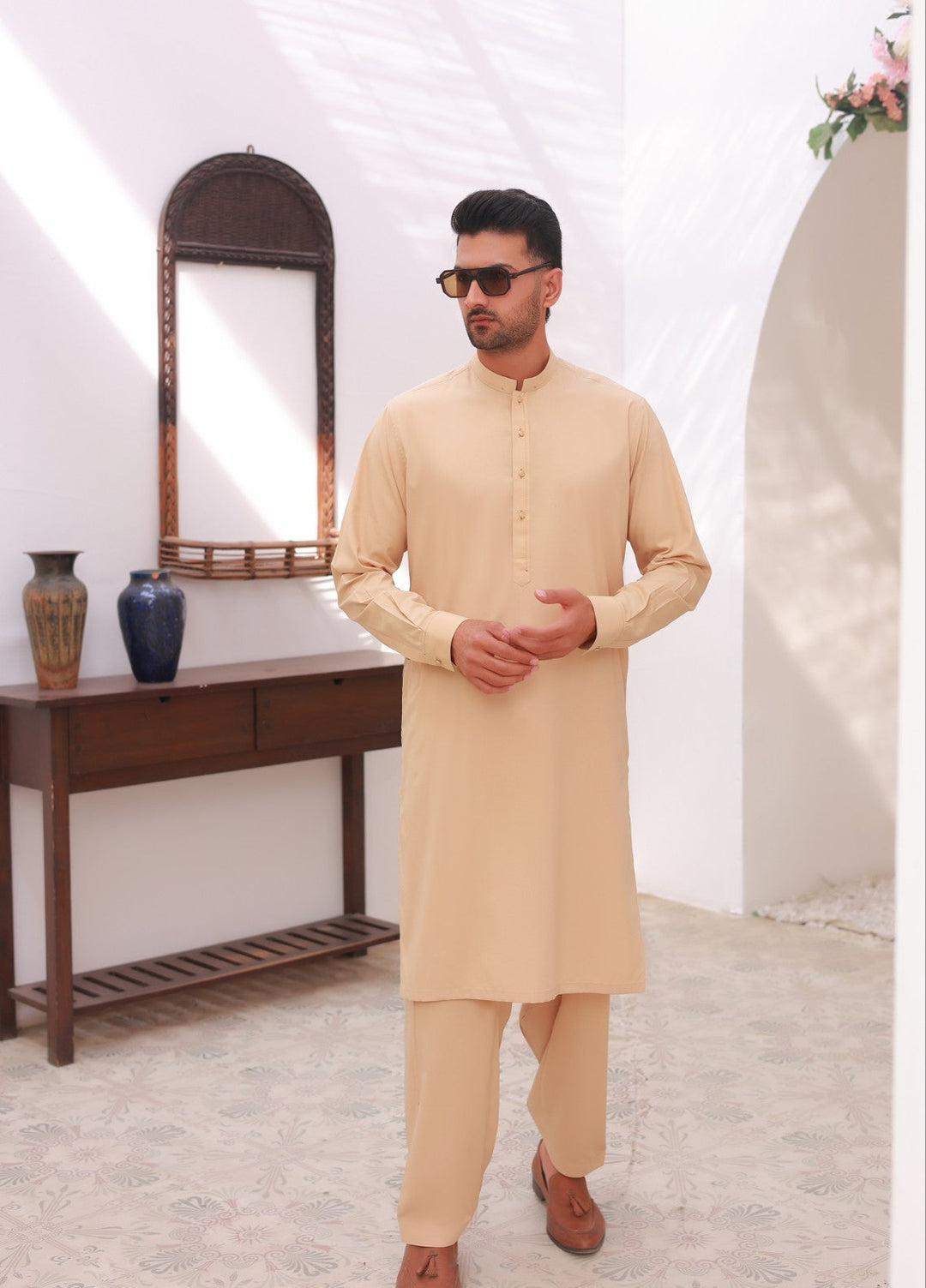 Khuzaim by Nomi Nisar Men RTW Wash N Wear Cream Kurta Pajama - Summer Collection