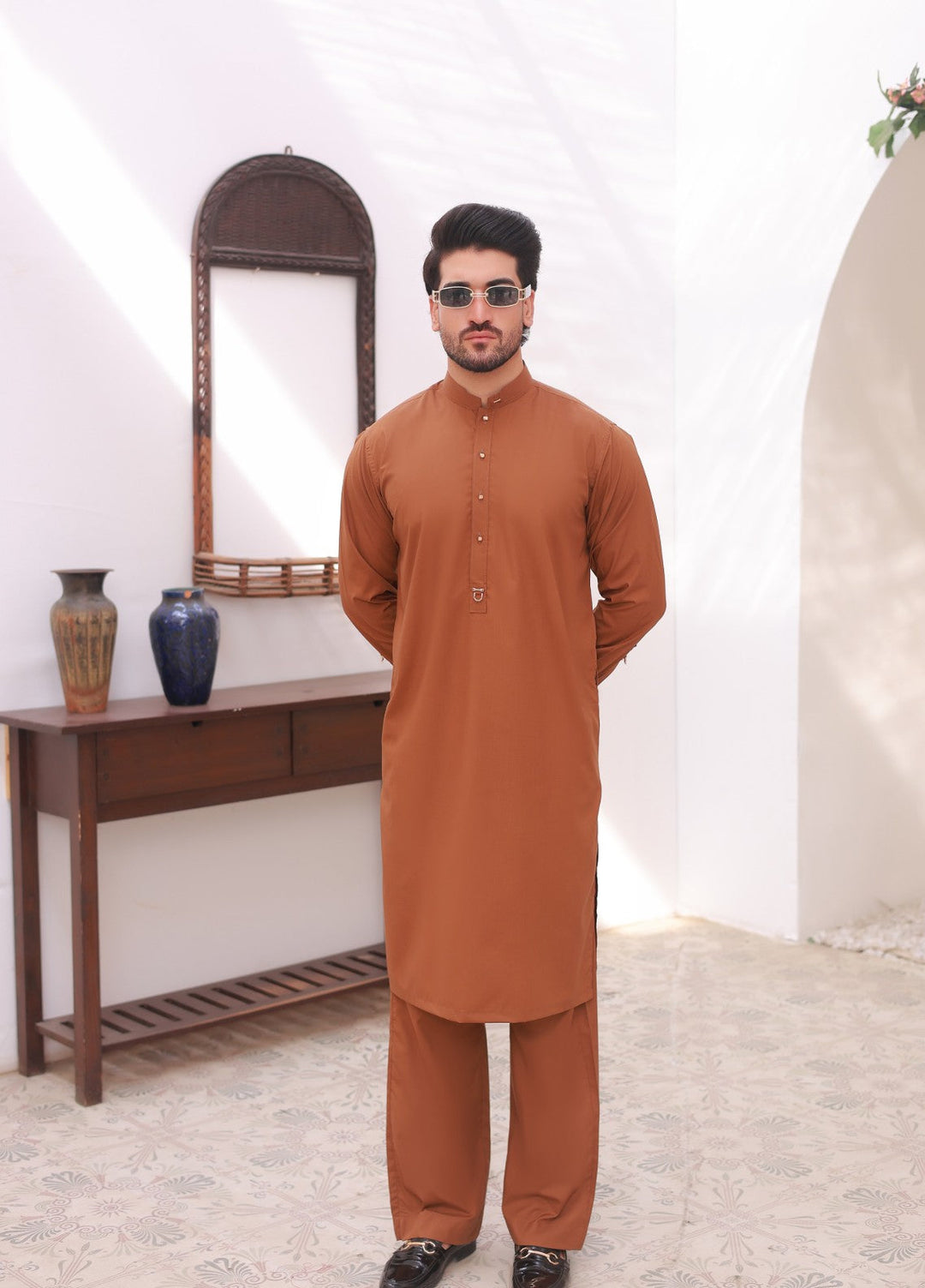 Khuzaim by Nomi Nisar Men RTW Wash N Wear Tan Designer Kurta Pajama - Summer Collection
