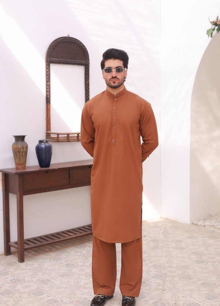 Khuzaim by Nomi Nisar Men RTW Wash N Wear Tan Designer Kurta Pajama - Summer Collection