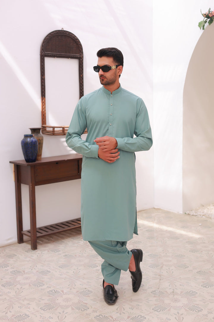 Khuzaim by Nomi Nisar Men RTW Wash N Wear Sea Green Kameez Shalwar - Summer Collection