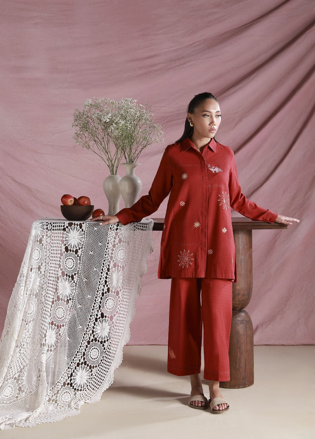 Sahar Women Embroidered Dobby 2 Piece Suit Red Velvet - Casual Collection