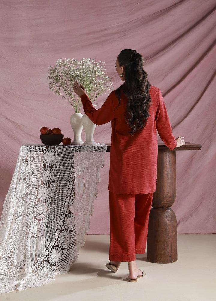 Sahar Women Embroidered Dobby 2 Piece Suit Red Velvet - Casual Collection