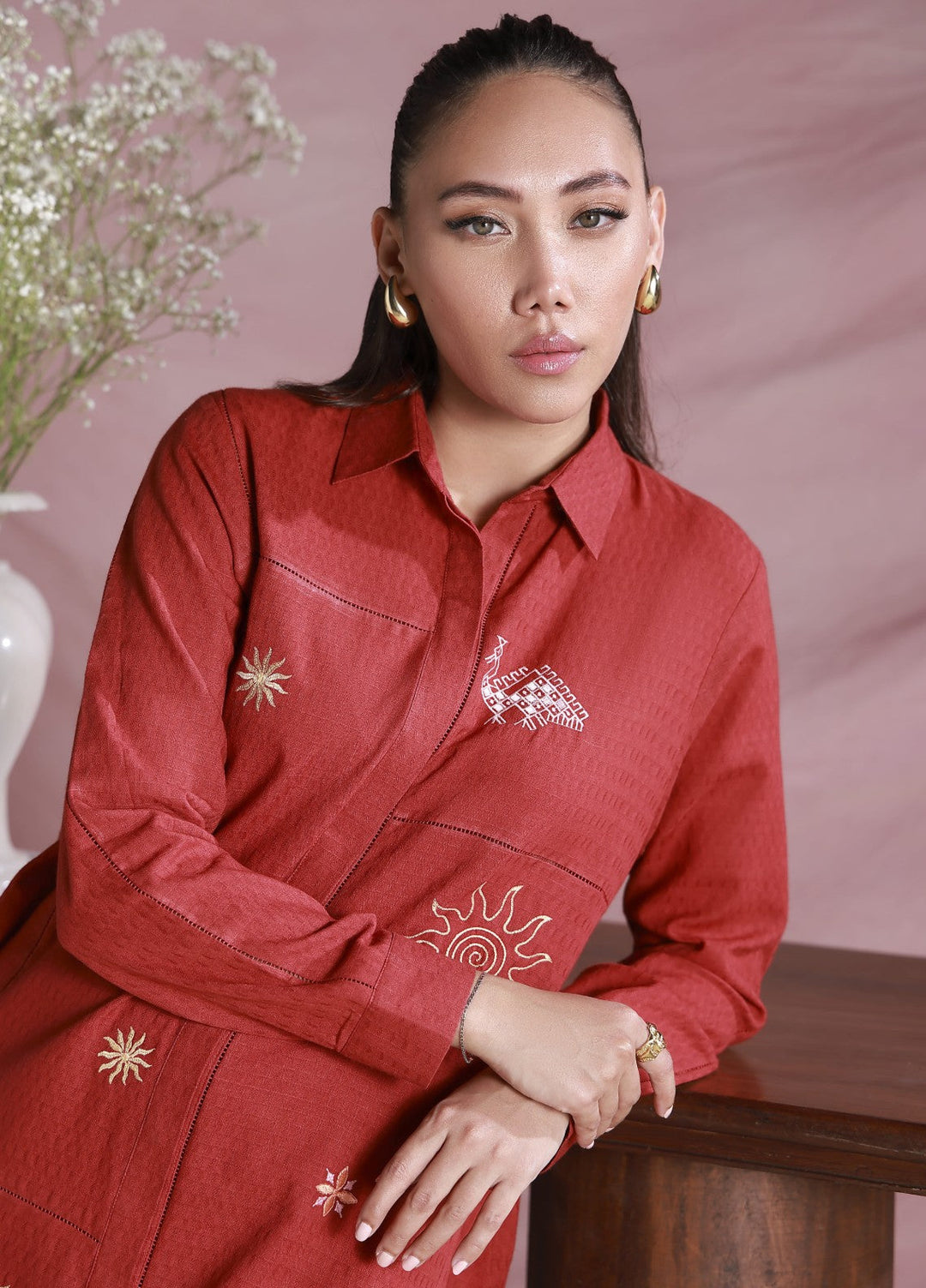 Sahar Women Embroidered Dobby 2 Piece Suit Red Velvet - Casual Collection