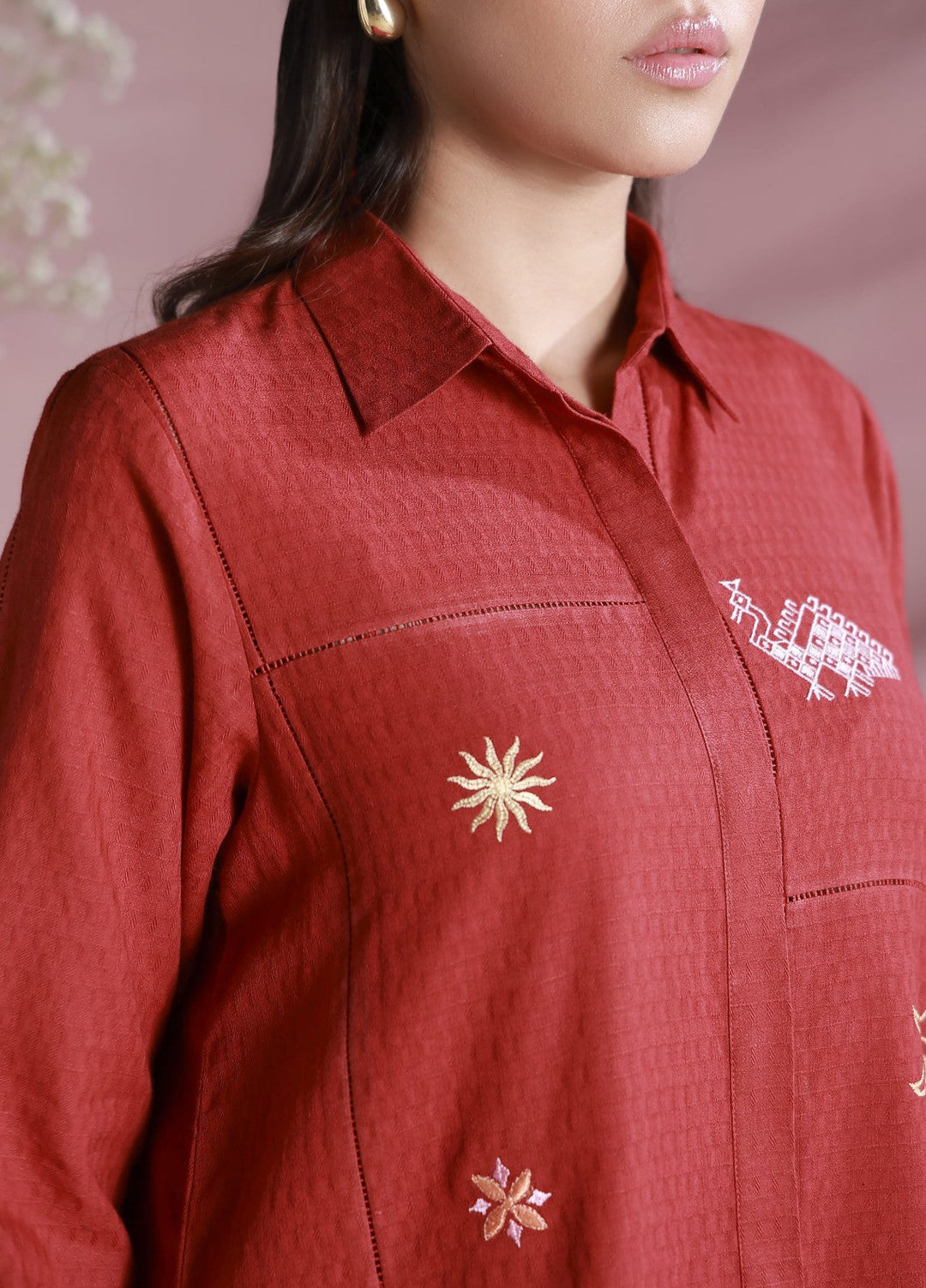 Sahar Women Embroidered Dobby 2 Piece Suit Red Velvet - Casual Collection