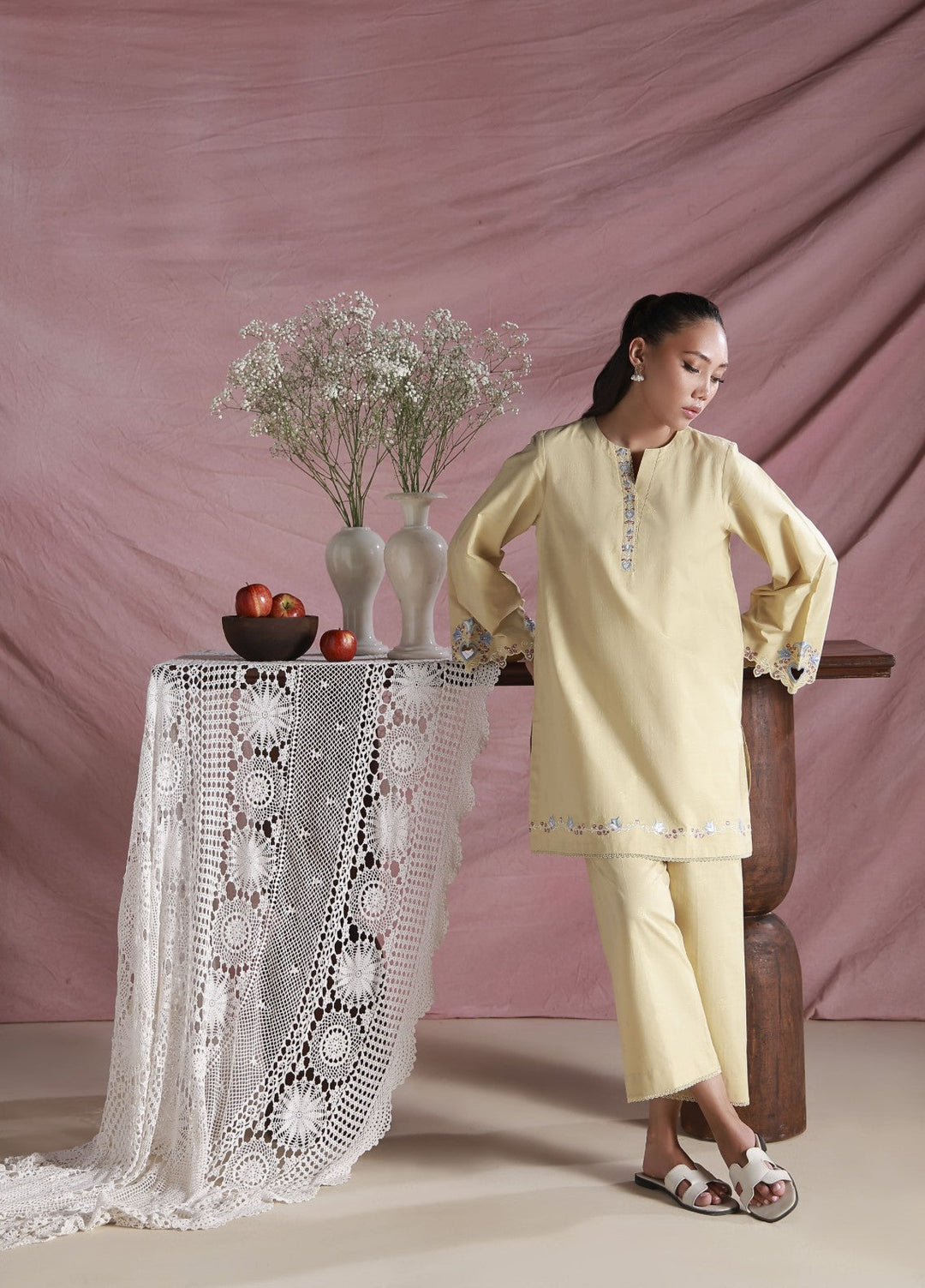 Sahar Women Embroidered Dobby 2 Piece Suit Lemon Cream - Casual Collection